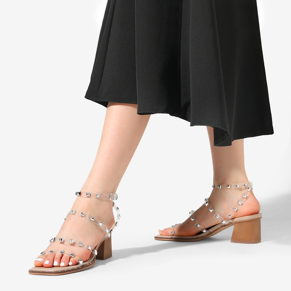 Clear Rhinestone Strappy Chunky Heels - CLEAR RIVET - 1